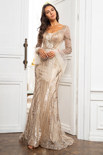 Mermaid Golden Mother Dress with Long Sleeves